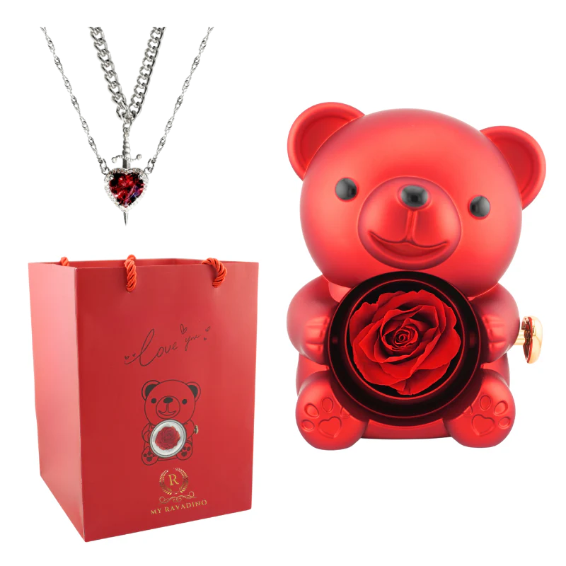Urs cu trandafir criogenat si colier surpriza