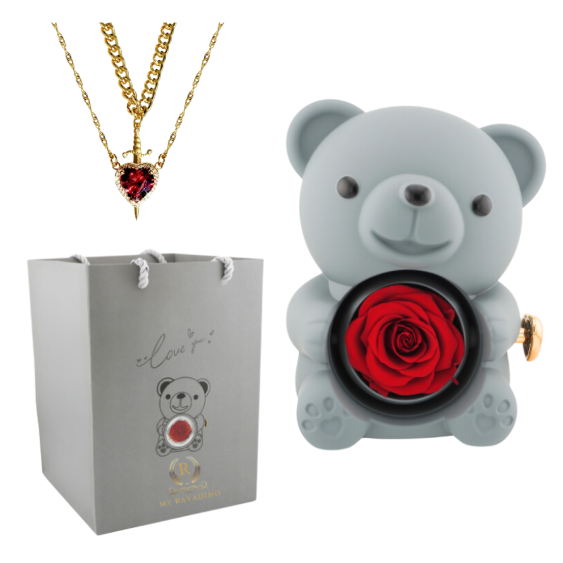 Urs cu trandafir criogenat si colier surpriza