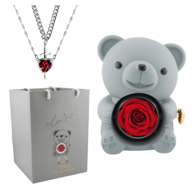 Urs cu trandafir criogenat si colier surpriza