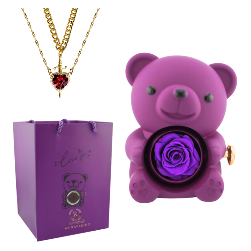 Urs cu trandafir criogenat si colier surpriza