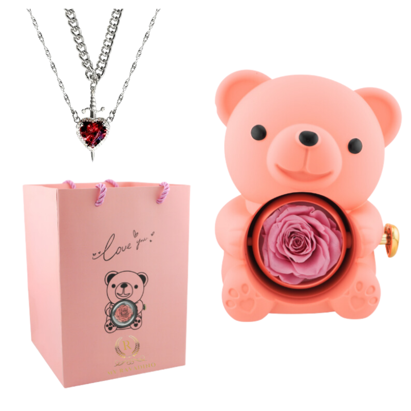 Urs cu trandafir criogenat si colier surpriza