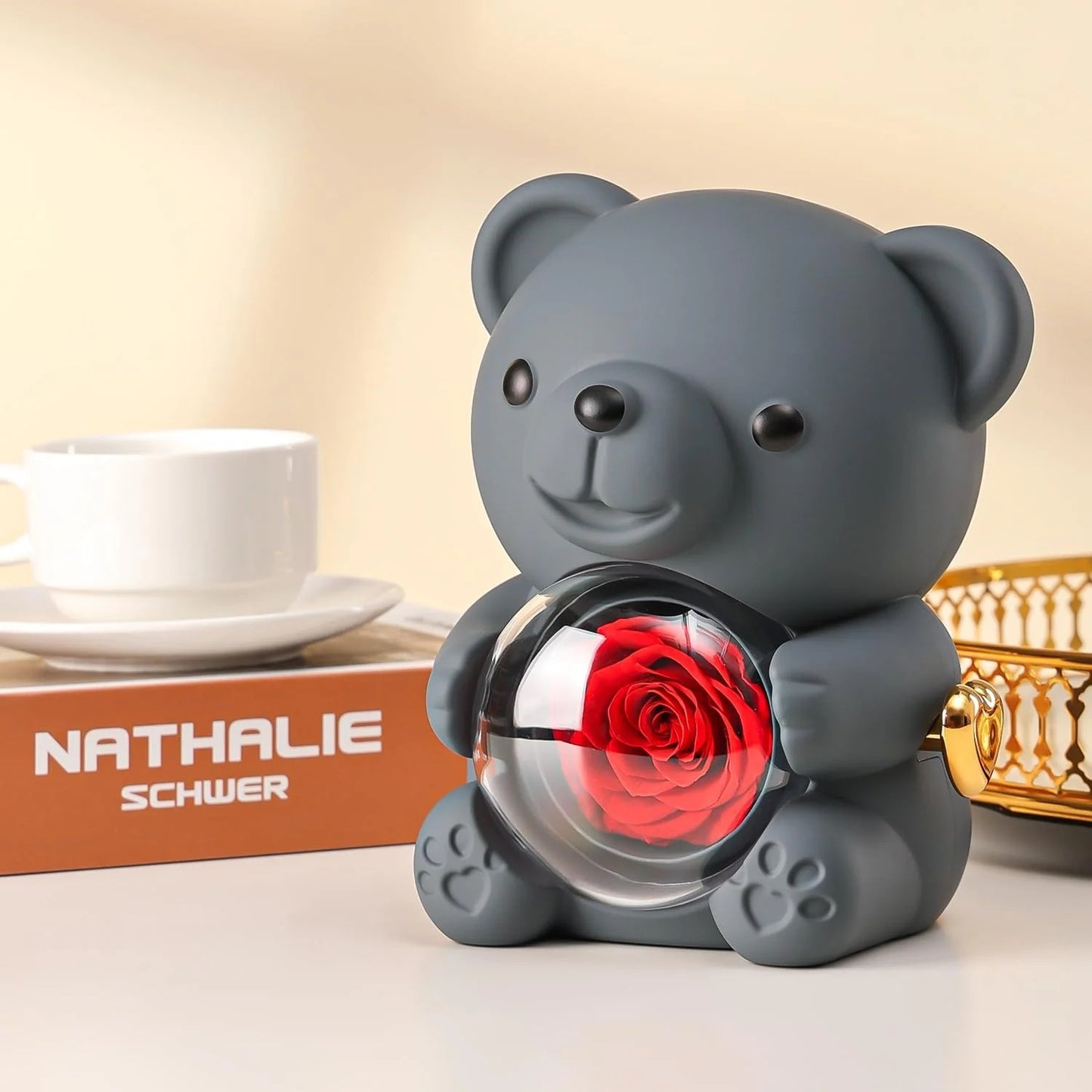 Urs cu trandafir criogenat si colier surpriza